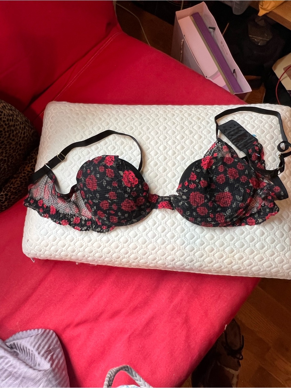 Black Lace Push-Up Bra with Red Floral Accents